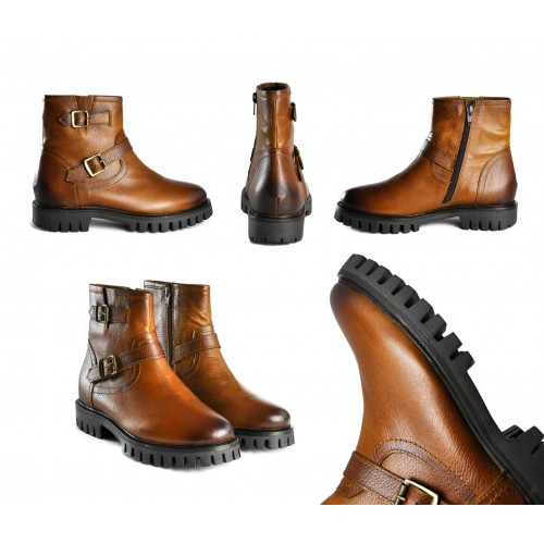 Leather ankle boots with double buckle and zip