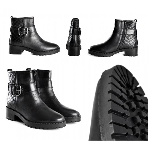 Padded leather ankle boots with buckle and zip