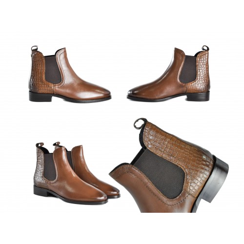 Leather ankle boots with elastic and coconut engraving TAN