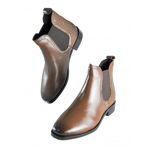 Leather ankle boots with elastic and coconut engraving TAN