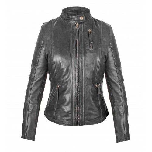 Leather jacket with elastic...