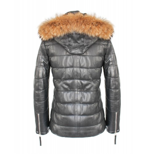 Leather jacket with racoon hood model ALMOND