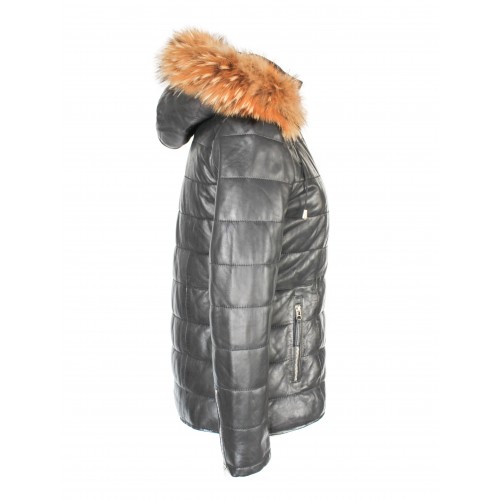 Leather jacket with racoon hood model ALMOND