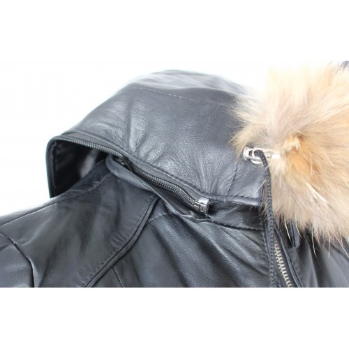 Leather jacket with racoon hood model ALMOND