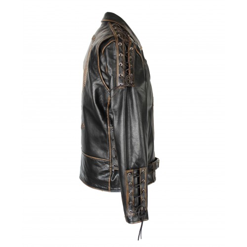 Leather biker jacket with eagle and ropes