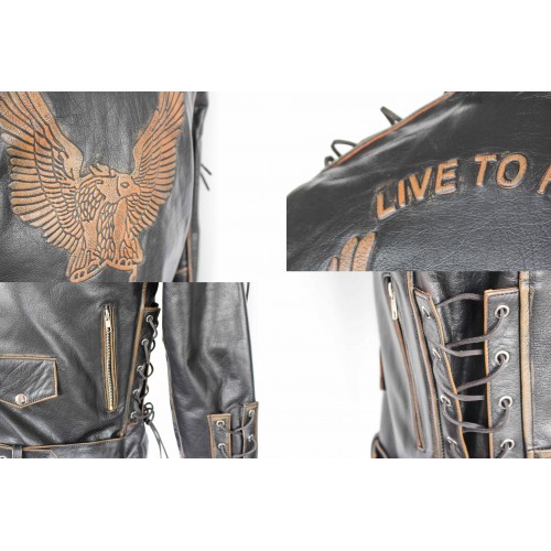 Leather biker jacket with eagle and ropes