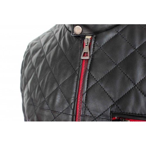 Quilted leather jacket with red detail