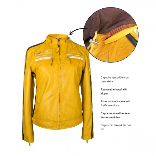 Leather jacket with patches and removable hood BALLWO