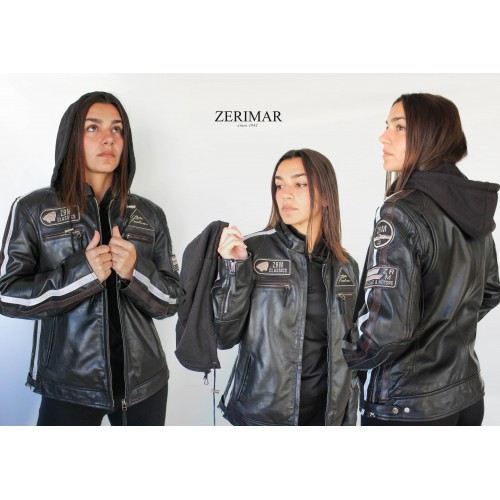 Leather jacket with patches and removable hood BALLWO