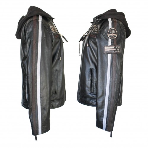 Leather jacket with patches and removable hood BALLWO