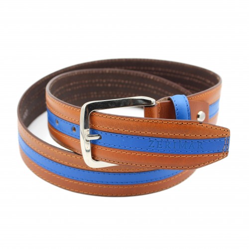 Leather belt with blue line 39 mm