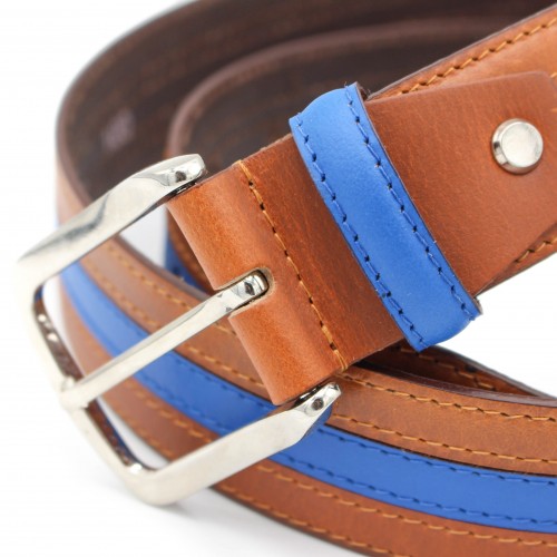 Leather belt with blue line 39 mm