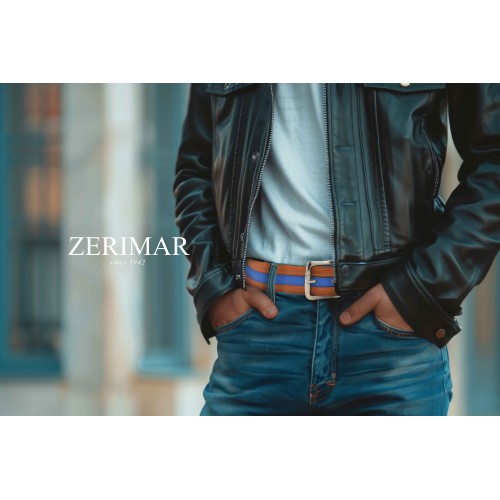 Leather belt with blue line 39 mm