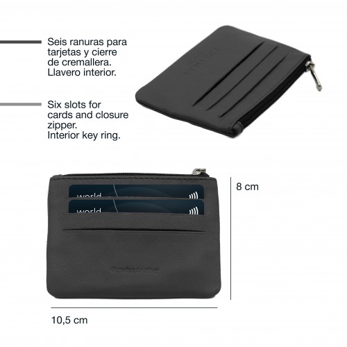 Leather purse with zipper and key ring 8x10.5 cm