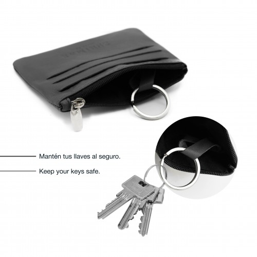 Leather purse with zipper and key ring 8x10.5 cm