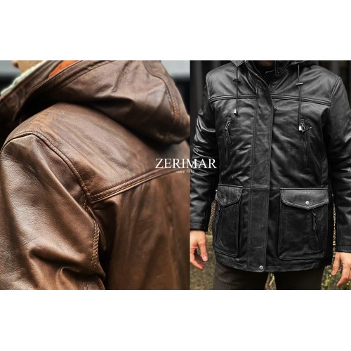 Leather parka with removable hood MASERTO