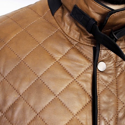 Padded leather jacket with double closure and buckle