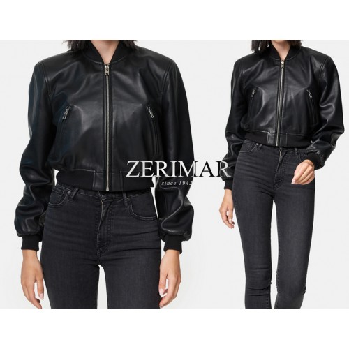 Short leather bomber jacket with zipper MITES model