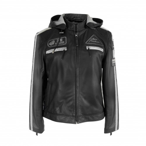 Leather jacket with patches and detachable hood BOLLWOM