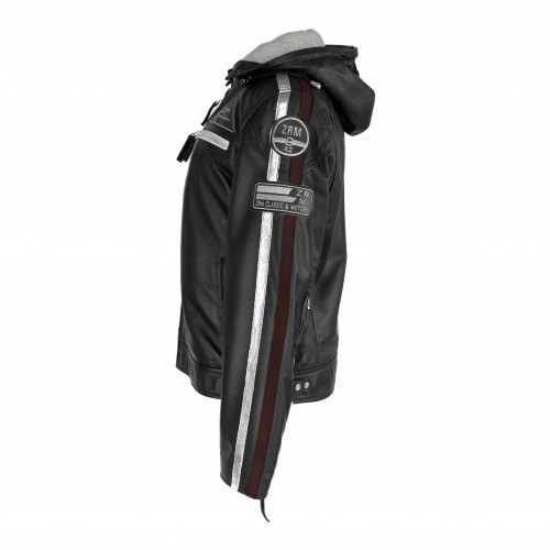 Leather jacket with patches and detachable hood BOLLWOM