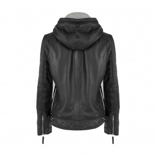 Leather jacket with patches and detachable hood BOLLWOM