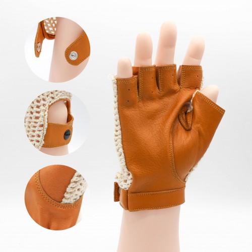 Crochet knit fingerless leather gloves for drivers