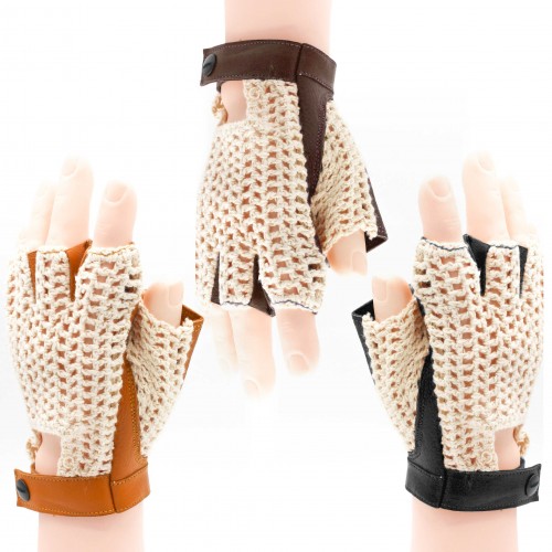 Crochet knit fingerless leather gloves for drivers