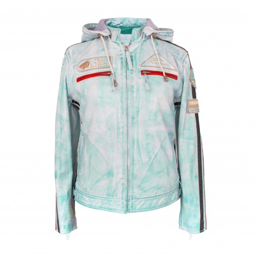 Leather jacket with patches and detachable hood BOLLWOM