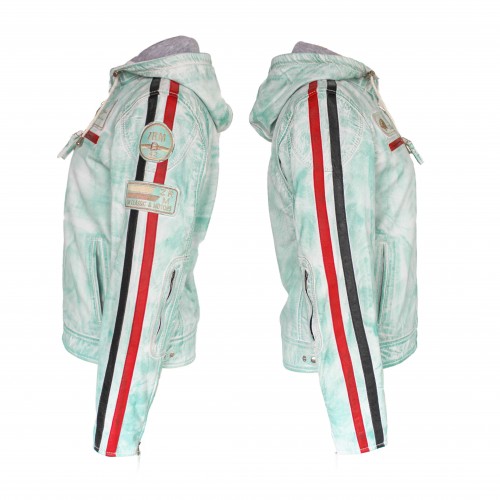 Leather jacket with patches and detachable hood BOLLWOM