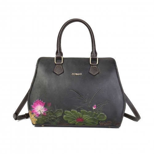 Engraved leather bag with double handle 29,5x25x13 cm OMORI