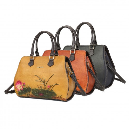 Engraved leather bag with double handle 29,5x25x13 cm OMORI