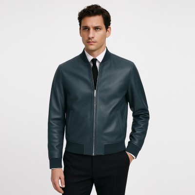 Leather bomber jacket with knitted collar and cuffs CLASSY