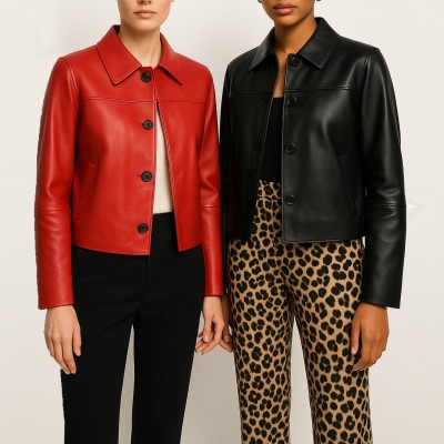 Buttoned leather jacket with classic collar BELLY