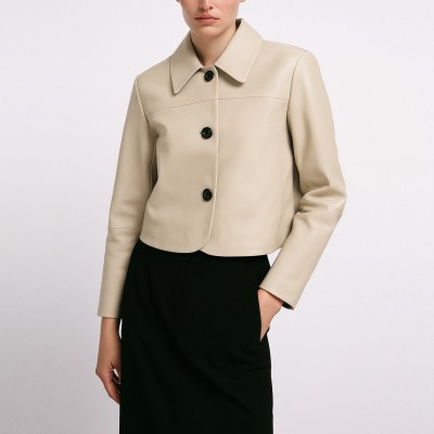 Buttoned leather jacket with classic collar BELLY