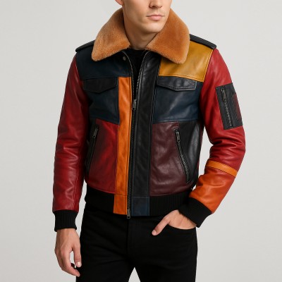 Multicoloured patchwork jacket with detachable collar
