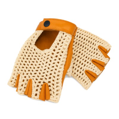 Fingerless leather gloves with crochet knit for women drivers