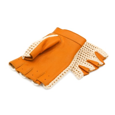 Fingerless leather gloves with crochet knit for women drivers