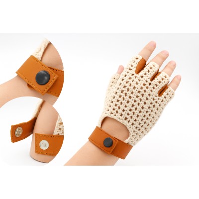 Fingerless leather gloves with crochet knit for women drivers
