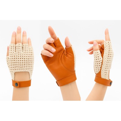 Fingerless leather gloves with crochet knit for women drivers