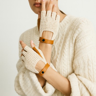 Fingerless leather gloves with crochet knit for women drivers