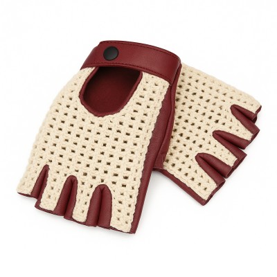 Fingerless leather gloves with crochet knit for women drivers