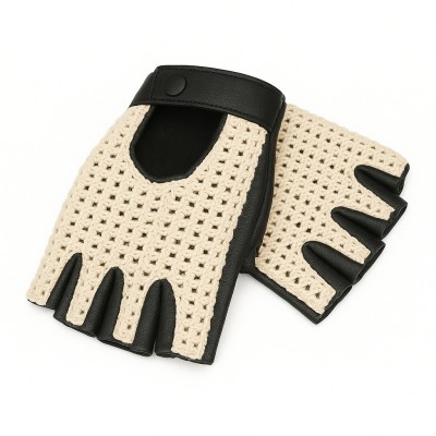 Fingerless leather gloves with crochet knit for women drivers