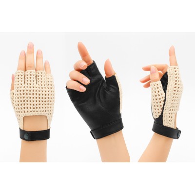 Fingerless leather gloves with crochet knit for women drivers