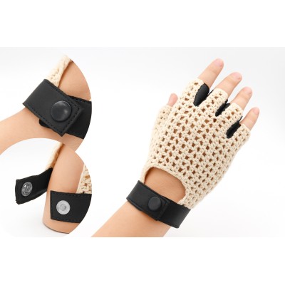 Fingerless leather gloves with crochet knit for women drivers