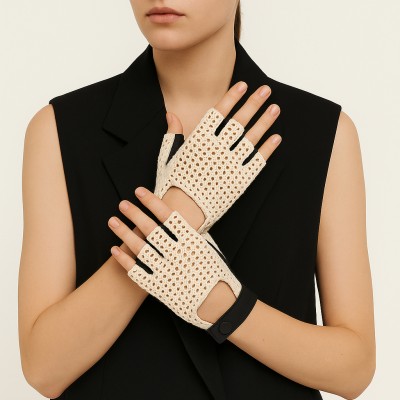 Fingerless leather gloves with crochet knit for women drivers