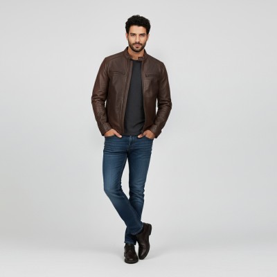 Leather jacket with zippers model CHOCOLATE