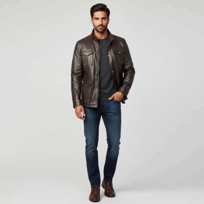 Leather jacket with double closure and pockets FISHER model