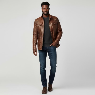 Leather jacket with double closure and pockets FISHER model