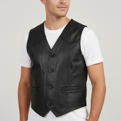 Leather vest with pockets and button closure