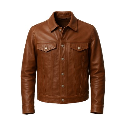 Leather jacket in jeans style with classic collar and snap buttons